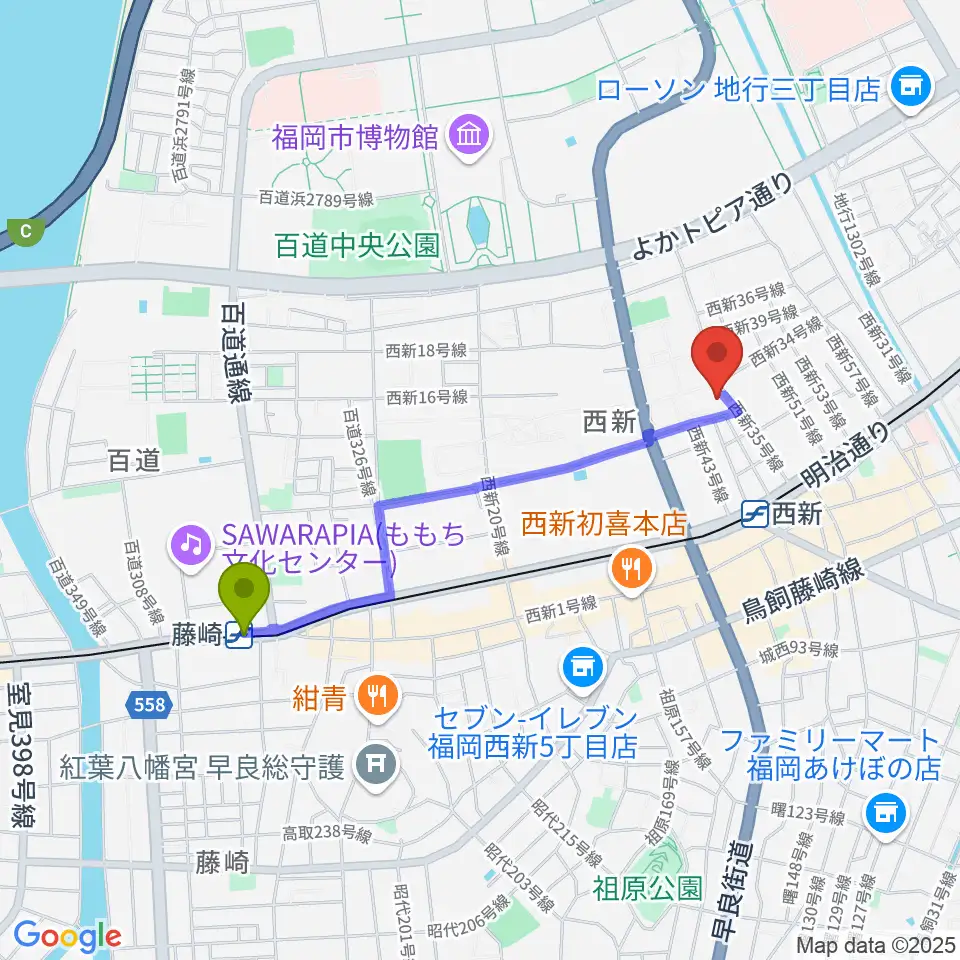 藤崎駅から西南コミュニティーセンターへのルートマップ地図
