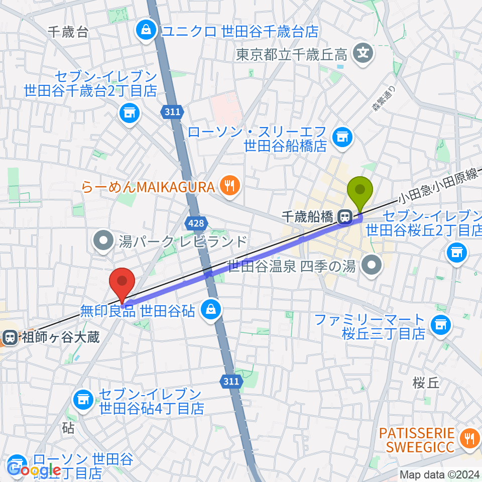 千歳船橋駅からサウンド・シティ世田谷へのルートマップ地図