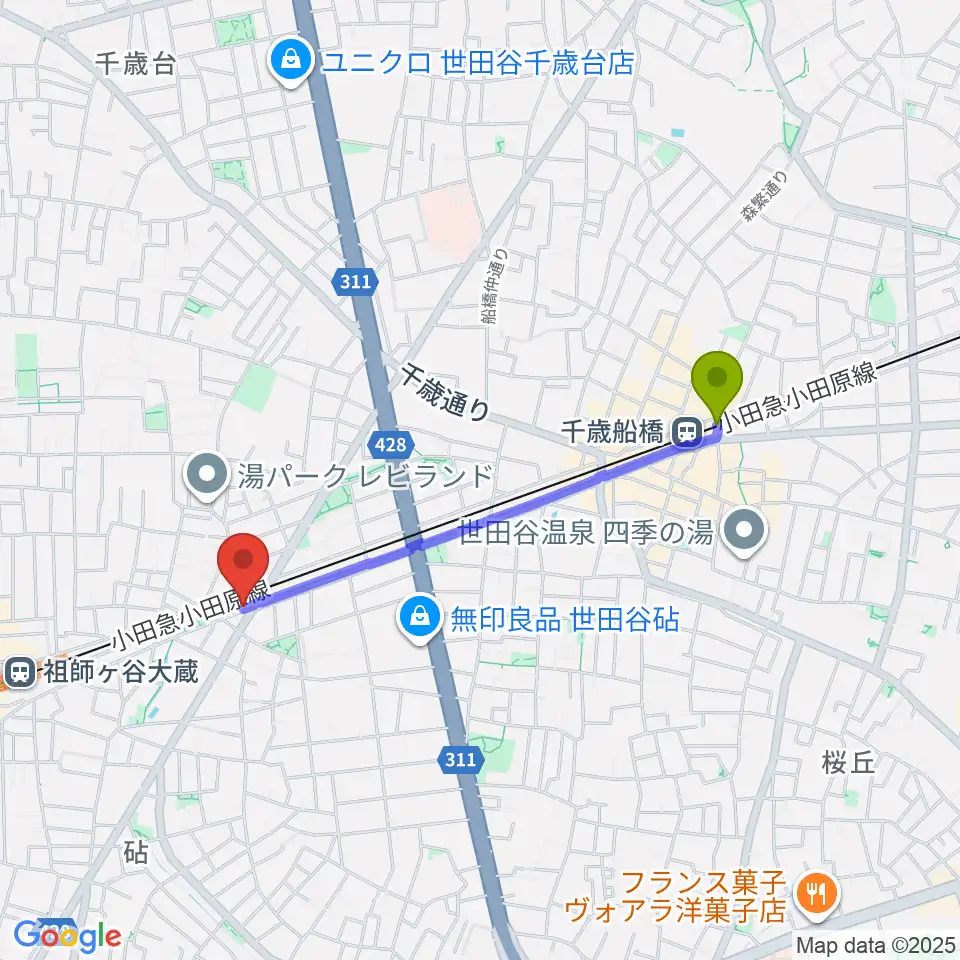千歳船橋駅からサウンド・シティ世田谷へのルートマップ地図