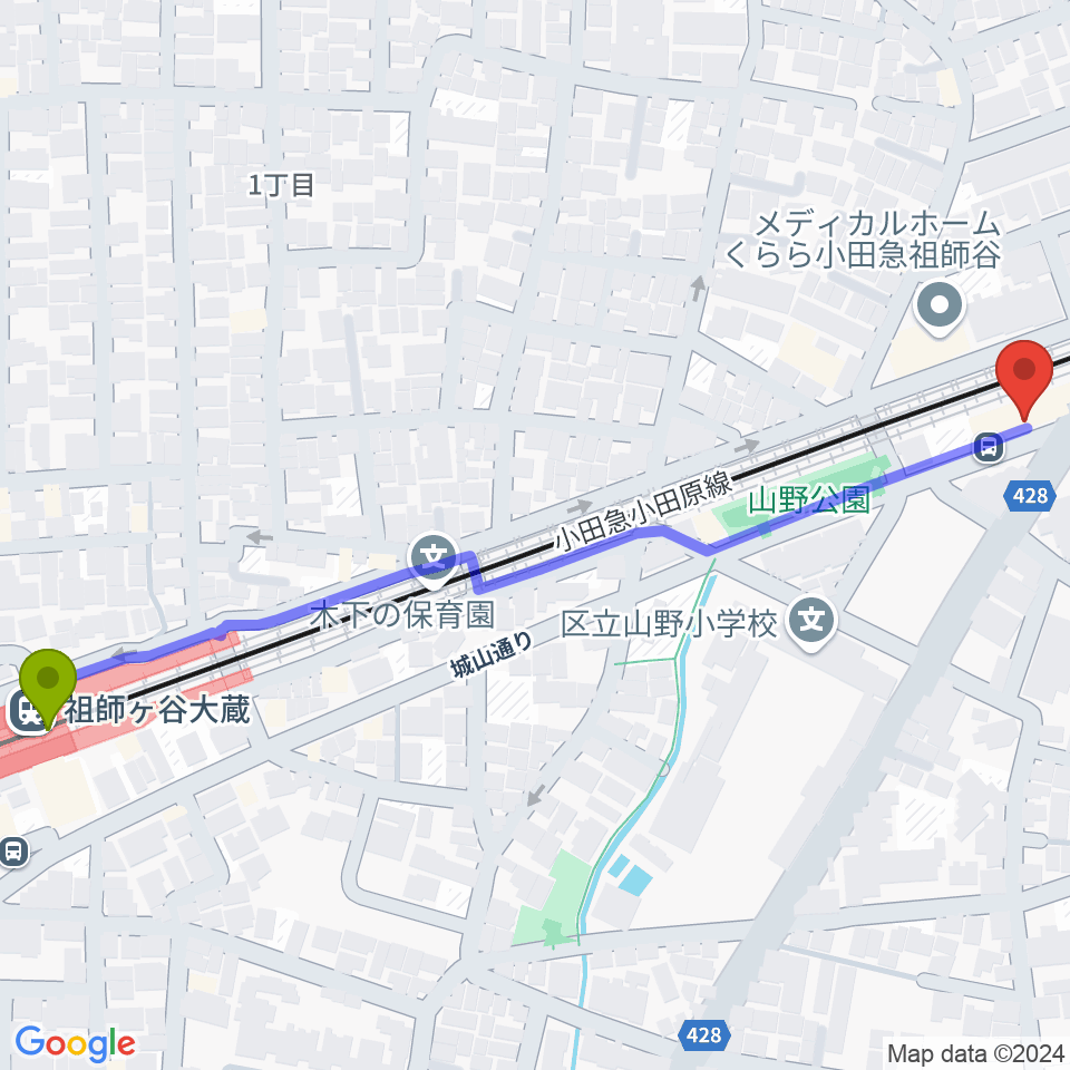 サウンド・シティ世田谷の最寄駅祖師ヶ谷大蔵駅からの徒歩ルート（約7分）地図