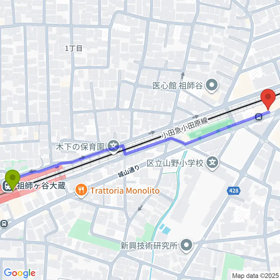 サウンド・シティ世田谷の最寄駅祖師ヶ谷大蔵駅からの徒歩ルート（約7分）地図