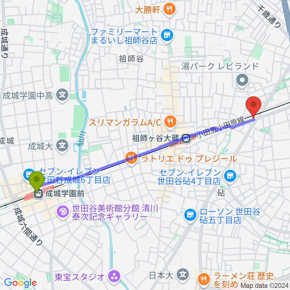 成城学園前駅からサウンド・シティ世田谷へのルートマップ地図