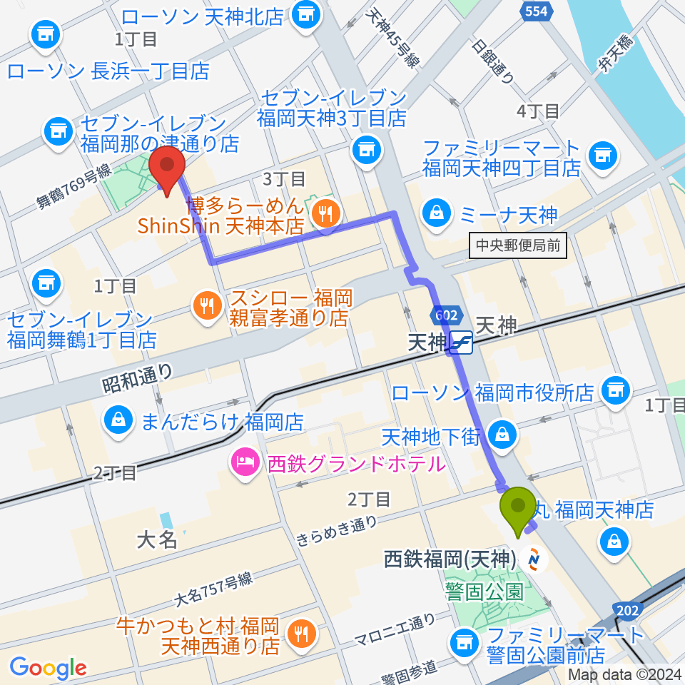 西鉄福岡（天神）駅から福岡ファイブペニーズへのルートマップ地図