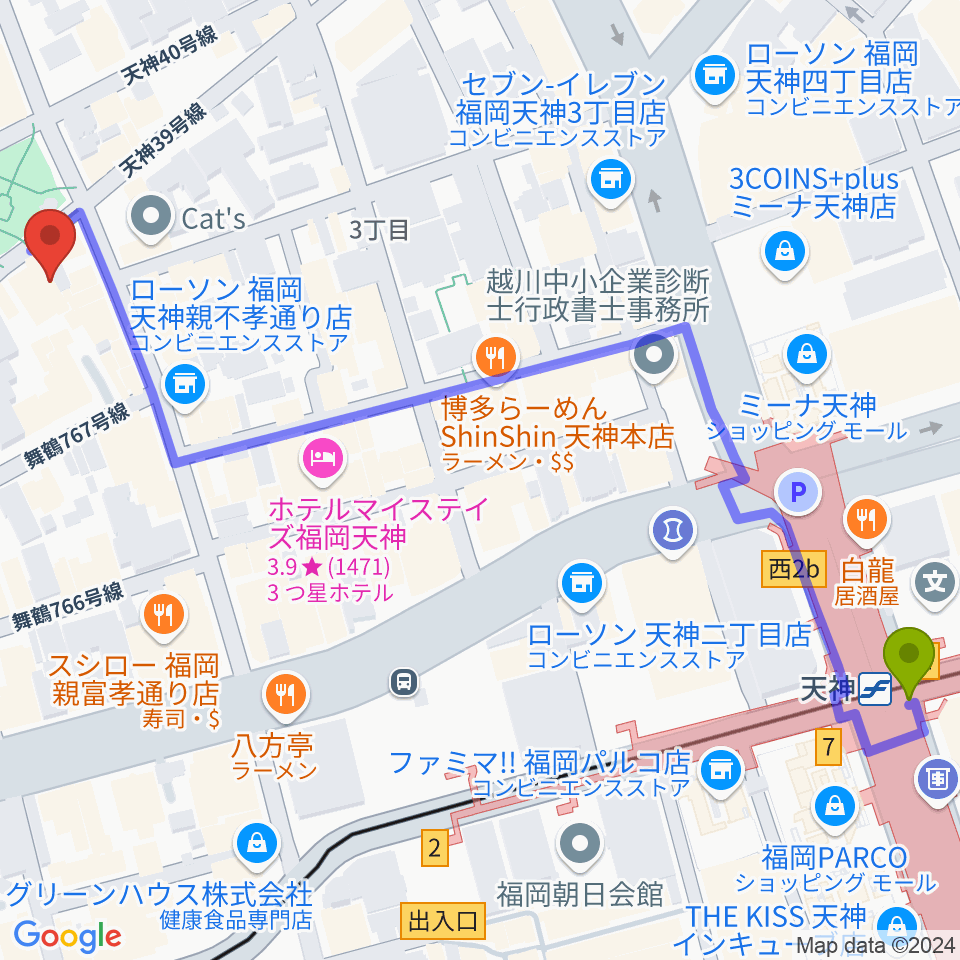 福岡ファイブペニーズの最寄駅天神駅からの徒歩ルート（約8分）地図