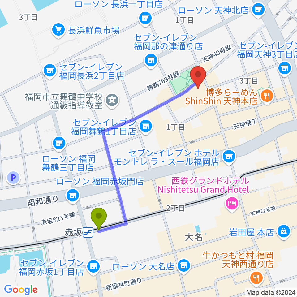 赤坂駅から福岡ファイブペニーズへのルートマップ地図