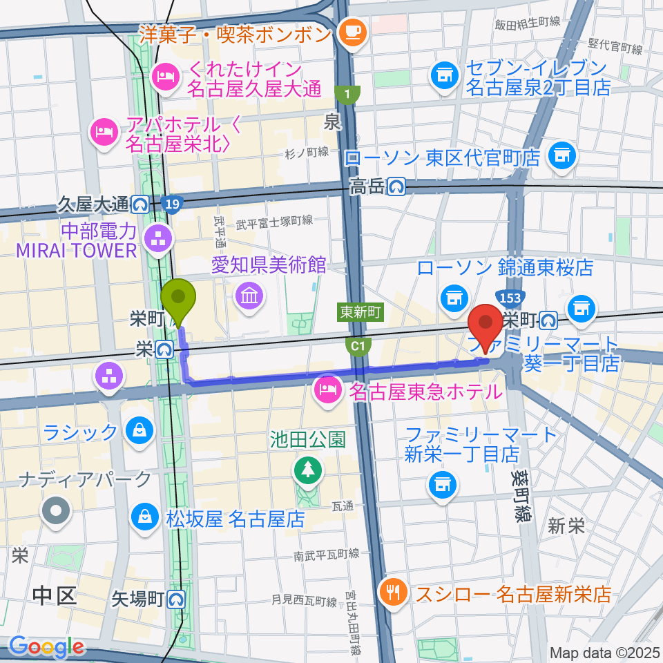 栄町駅から名古屋新栄sunset BLUEへのルートマップ地図