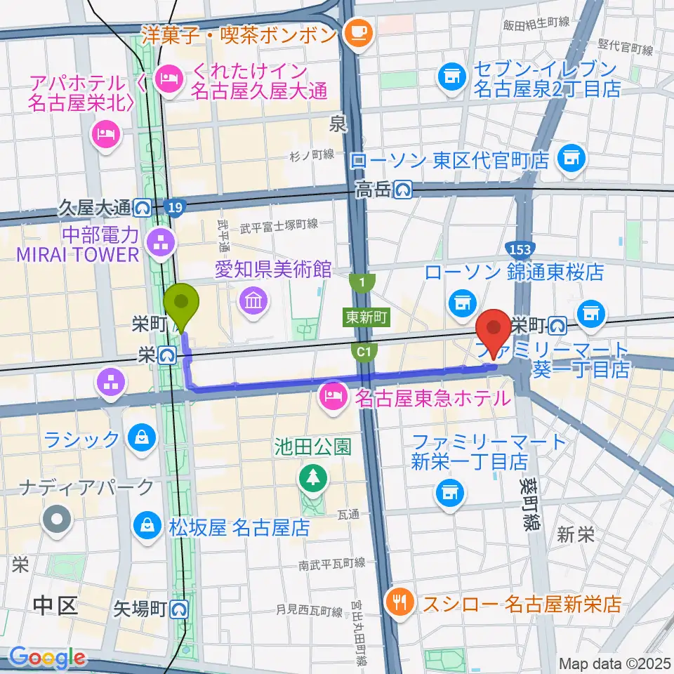 栄町駅から名古屋新栄sunset BLUEへのルートマップ地図