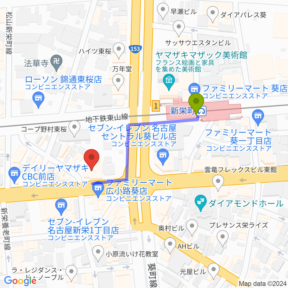 名古屋新栄sunset BLUEの最寄駅新栄町駅からの徒歩ルート（約3分）地図
