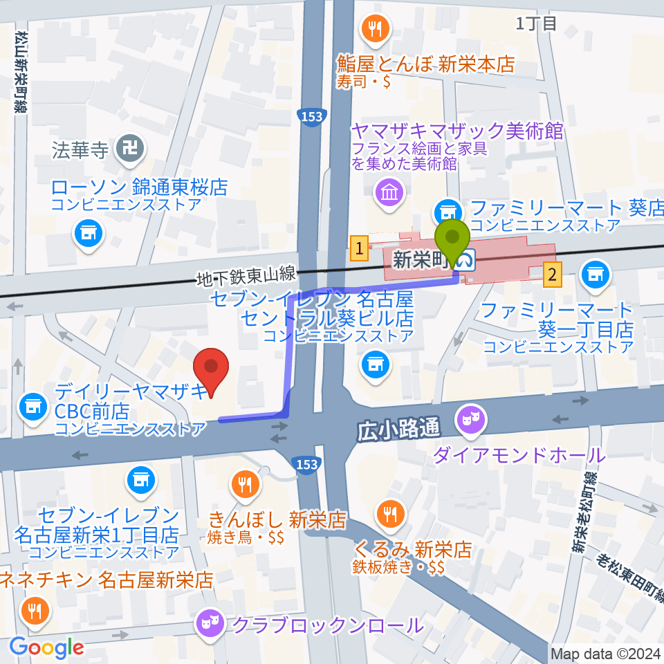 名古屋新栄sunset BLUEの最寄駅新栄町駅からの徒歩ルート（約3分）地図