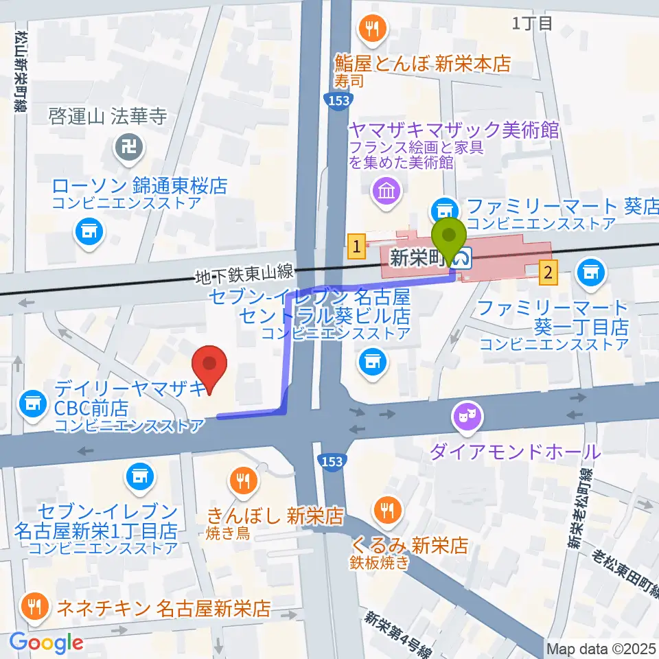 名古屋新栄sunset BLUEの最寄駅新栄町駅からの徒歩ルート（約3分）地図