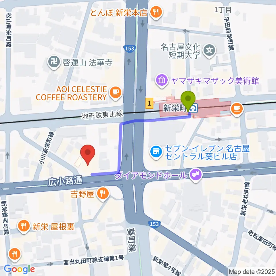 名古屋新栄sunset BLUEの最寄駅新栄町駅からの徒歩ルート（約3分）地図