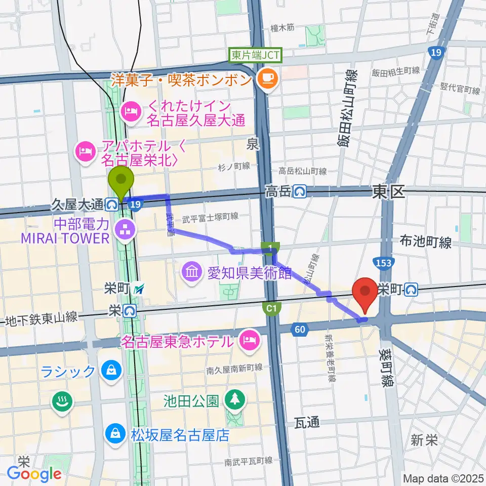 久屋大通駅から名古屋新栄sunset BLUEへのルートマップ地図