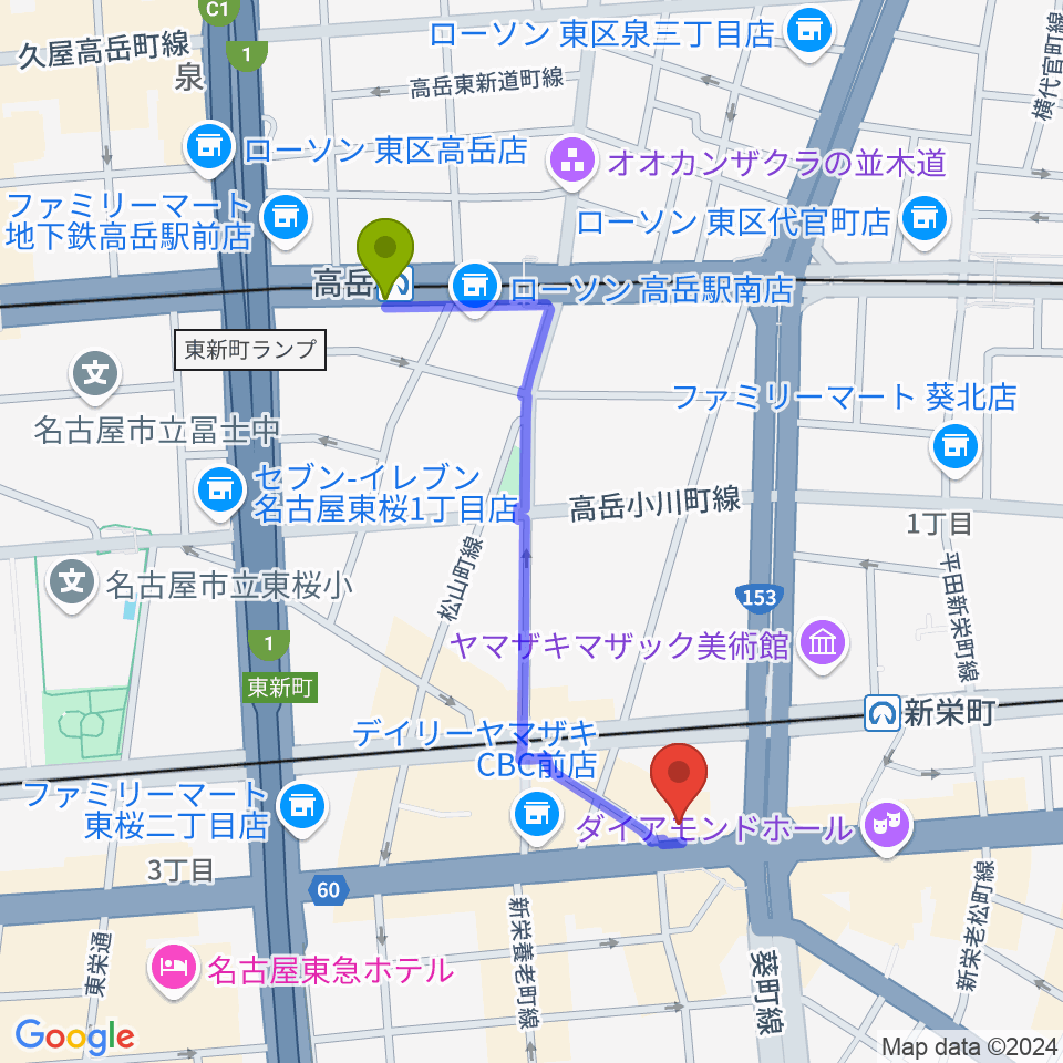 高岳駅から名古屋新栄sunset BLUEへのルートマップ地図