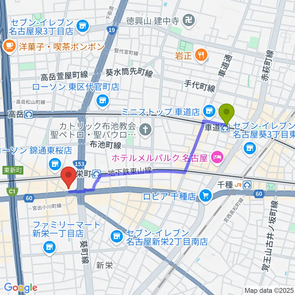 車道駅から名古屋新栄sunset BLUEへのルートマップ地図