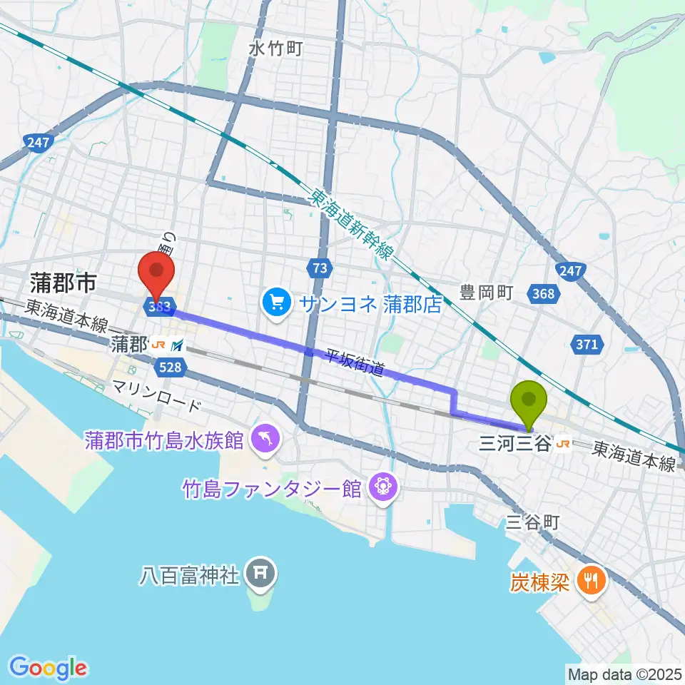 三河三谷駅から蒲郡バズハウスへのルートマップ地図