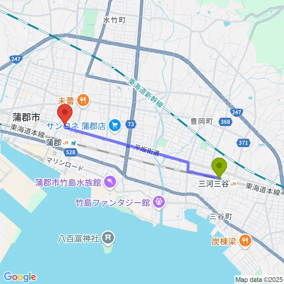 三河三谷駅から蒲郡バズハウスへのルートマップ地図