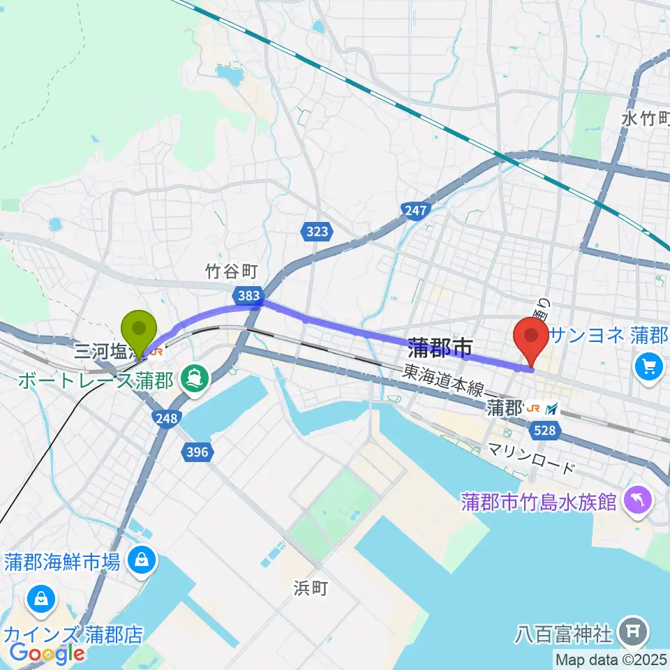 三河塩津駅から蒲郡バズハウスへのルートマップ地図