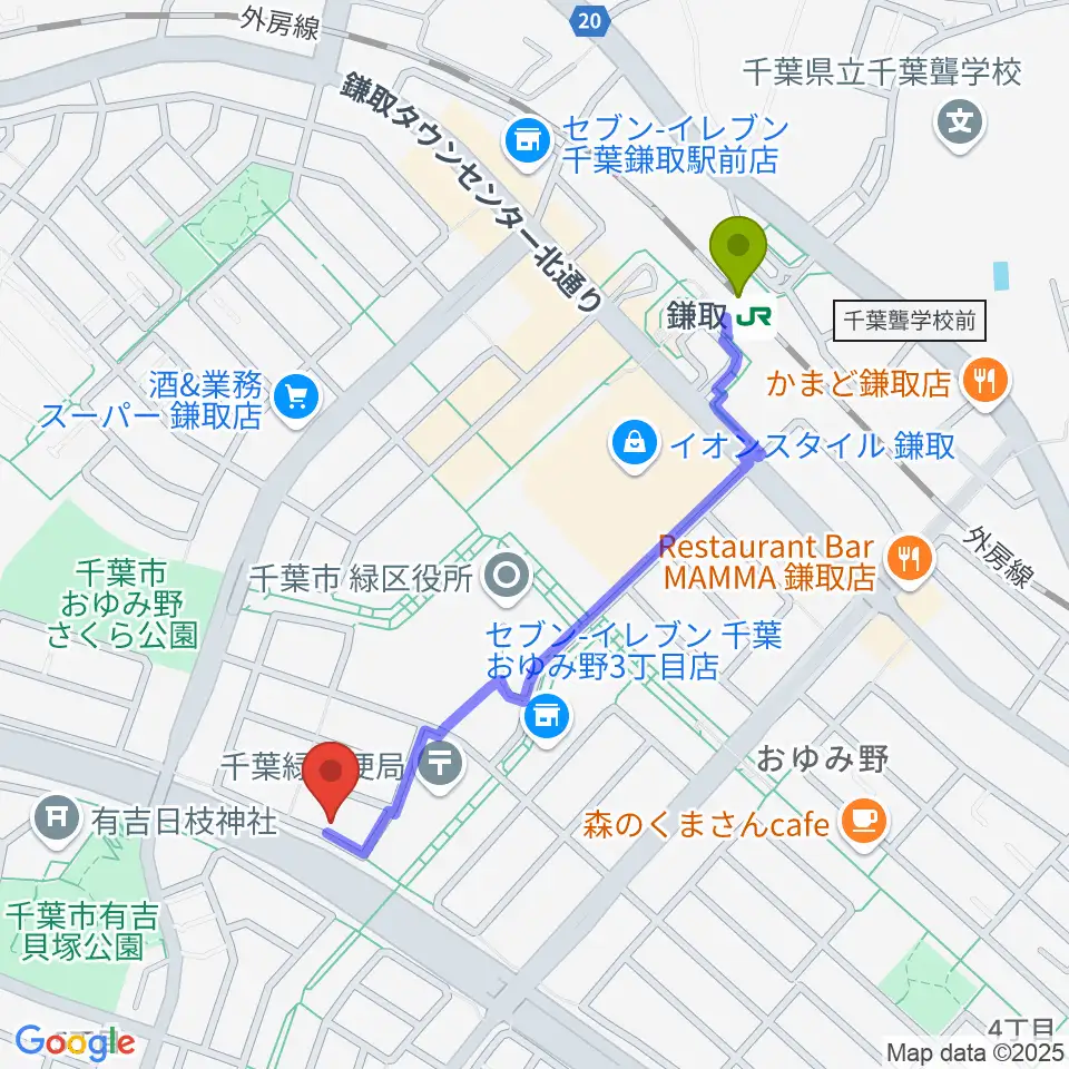 Azul ギター教室の最寄駅鎌取駅からの徒歩ルート（約10分）地図