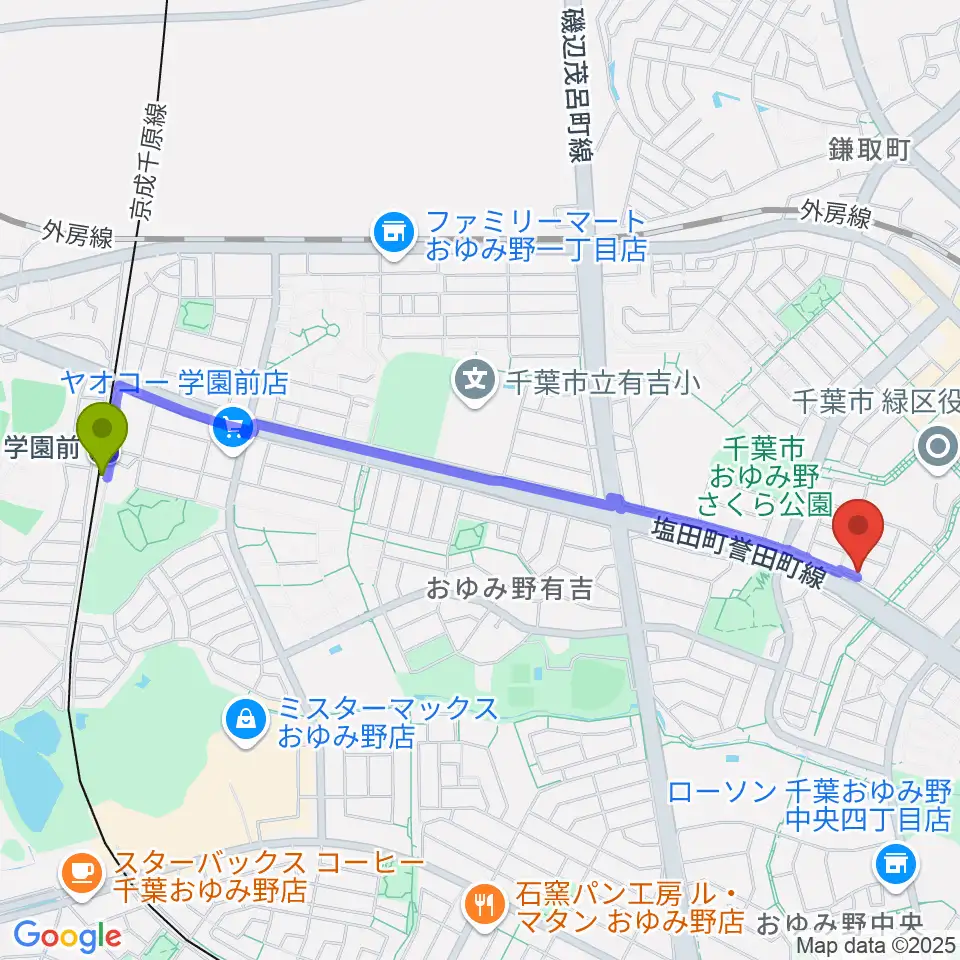 学園前駅からAzul ギター教室へのルートマップ地図