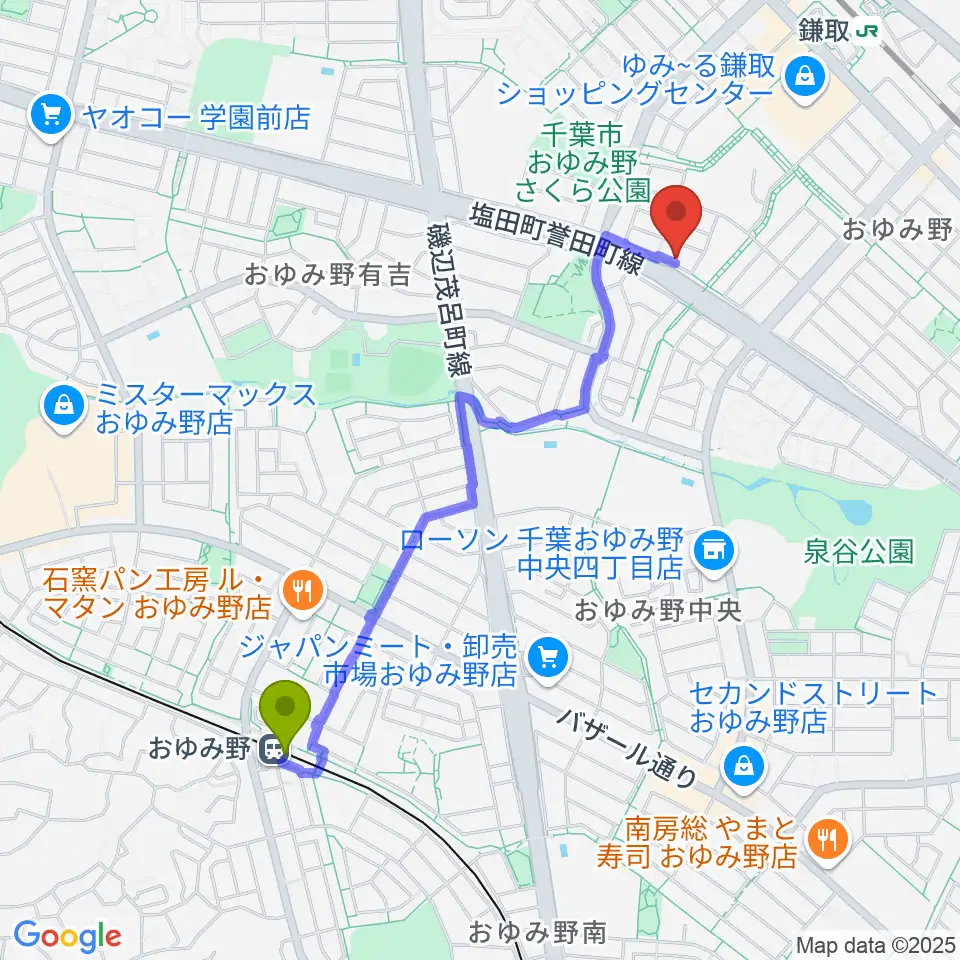 おゆみ野駅からAzul ギター教室へのルートマップ地図
