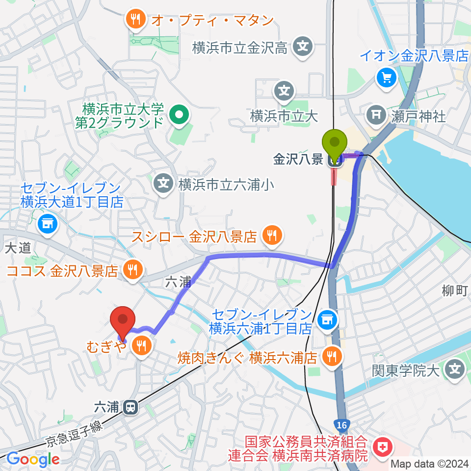 金沢八景駅から一色ピアノ教室へのルートマップ地図