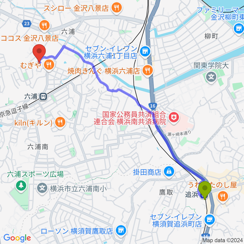 追浜駅から一色ピアノ教室へのルートマップ地図