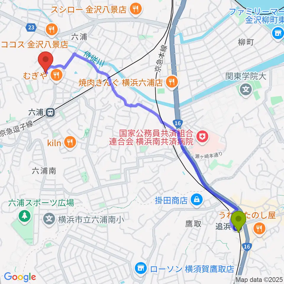 追浜駅から一色ピアノ教室へのルートマップ地図