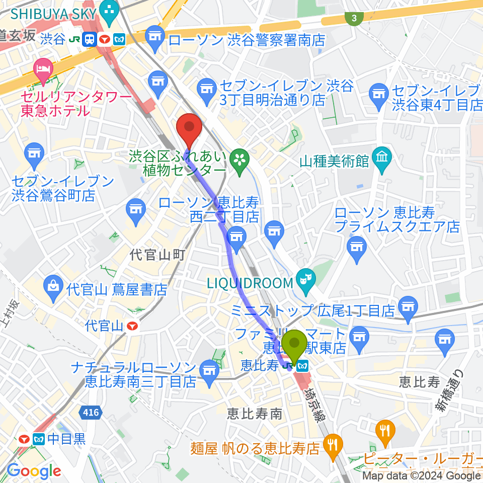 恵比寿駅から渋谷CIRCUS TOKYOへのルートマップ地図