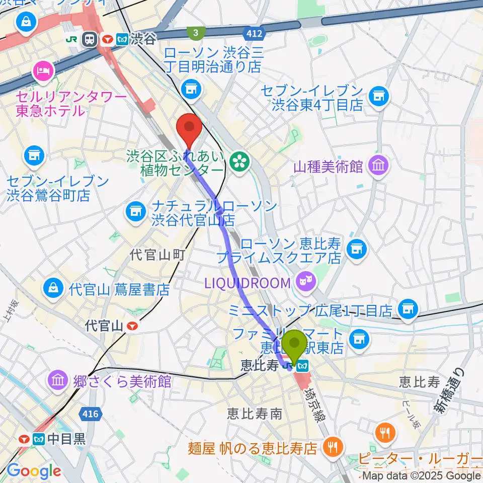 恵比寿駅から渋谷CIRCUS TOKYOへのルートマップ地図