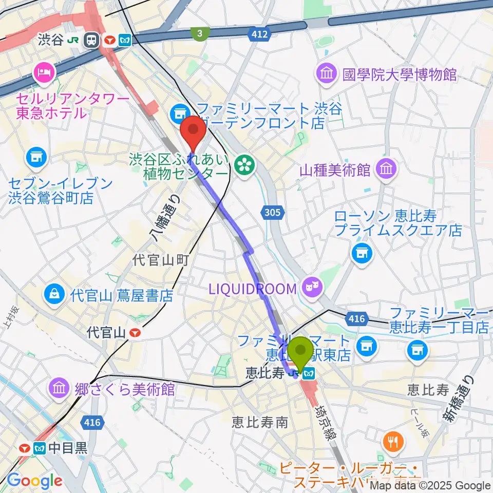 恵比寿駅から渋谷CIRCUS TOKYOへのルートマップ地図
