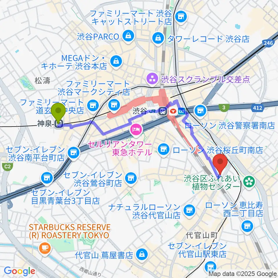 神泉駅から渋谷CIRCUS TOKYOへのルートマップ地図