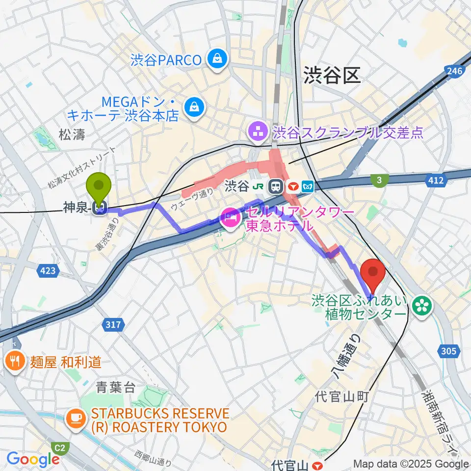 神泉駅から渋谷CIRCUS TOKYOへのルートマップ地図