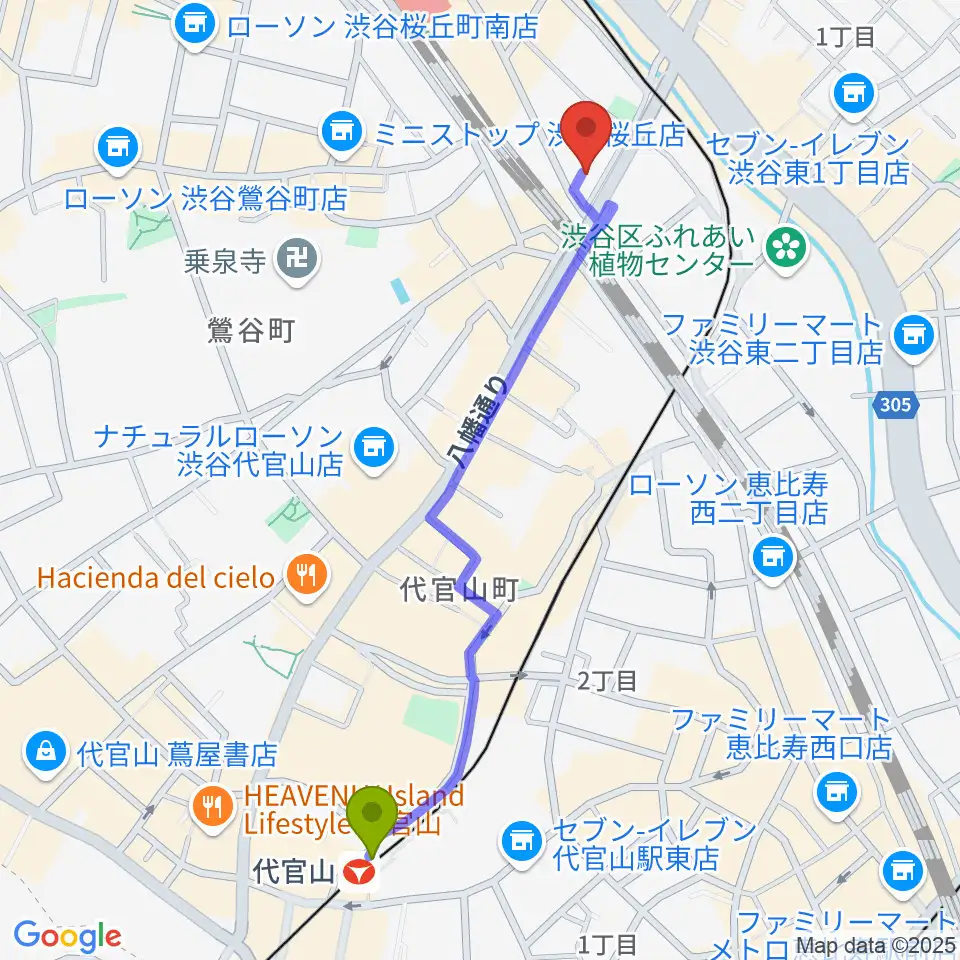 代官山駅から渋谷CIRCUS TOKYOへのルートマップ地図