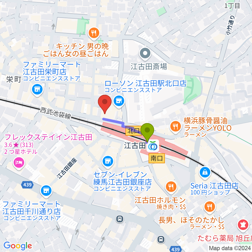 村川ヴァイオリン工房の最寄駅江古田駅からの徒歩ルート（約2分）地図