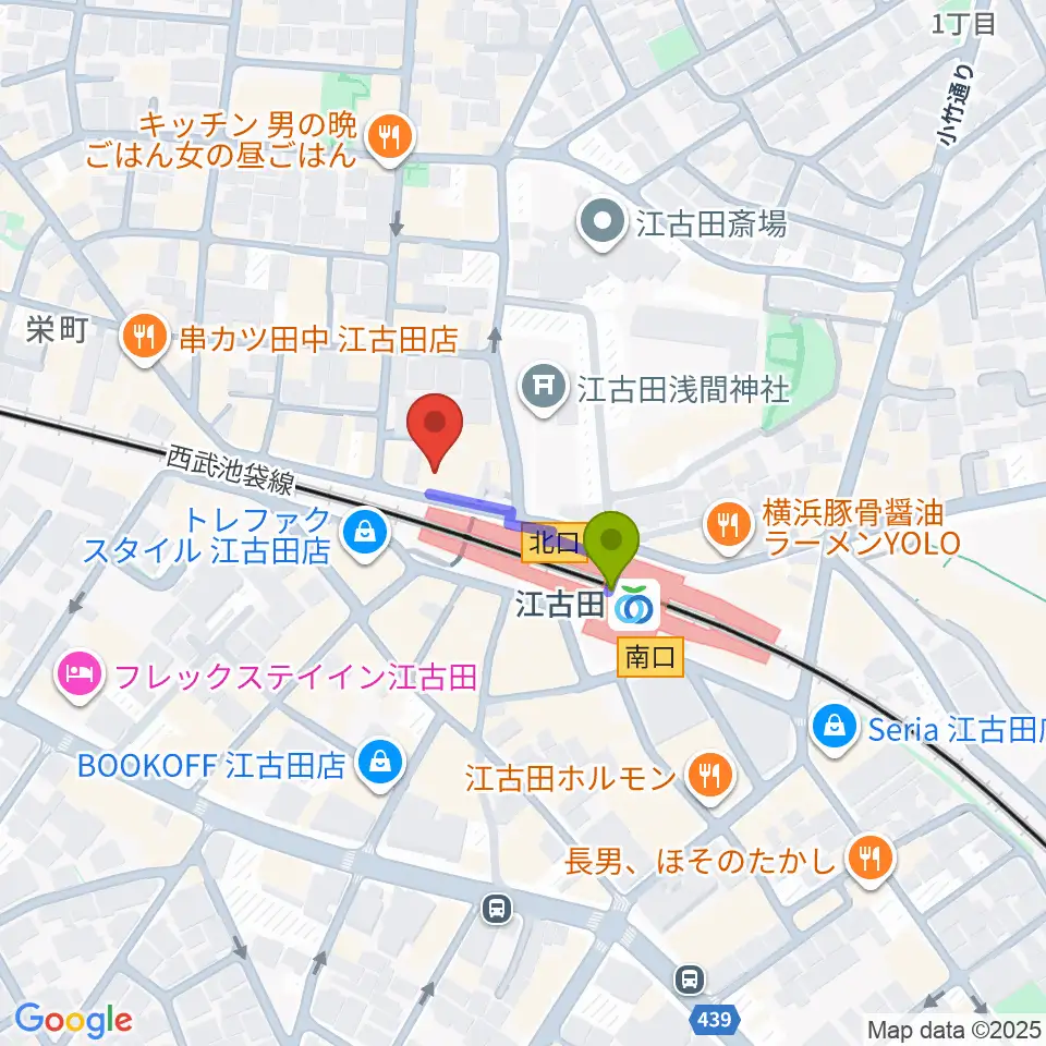 村川ヴァイオリン工房の最寄駅江古田駅からの徒歩ルート（約2分）地図
