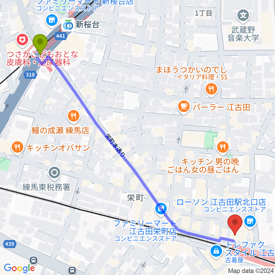 新桜台駅から村川ヴァイオリン工房へのルートマップ地図