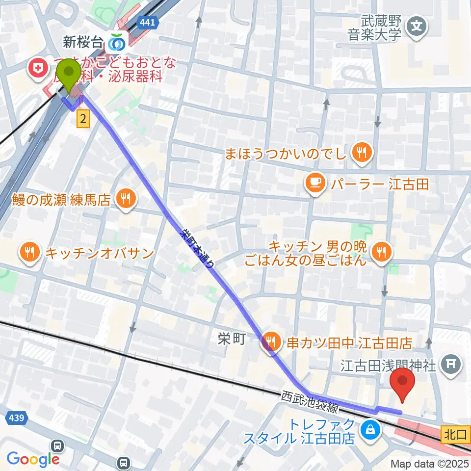 新桜台駅から村川ヴァイオリン工房へのルートマップ地図