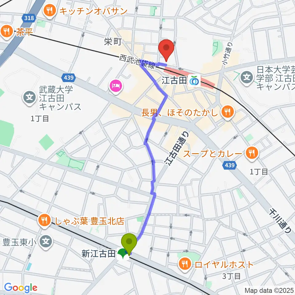 新江古田駅から村川ヴァイオリン工房へのルートマップ地図