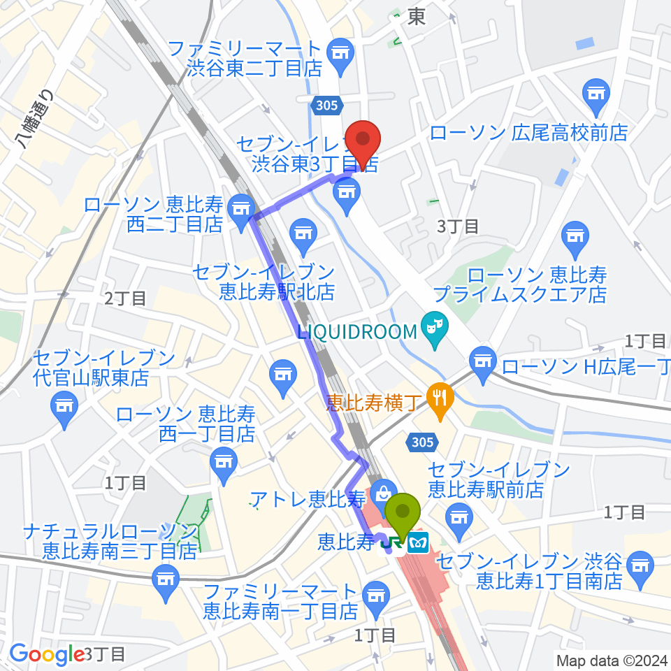恵比寿クレアートの最寄駅恵比寿駅からの徒歩ルート（約9分）地図