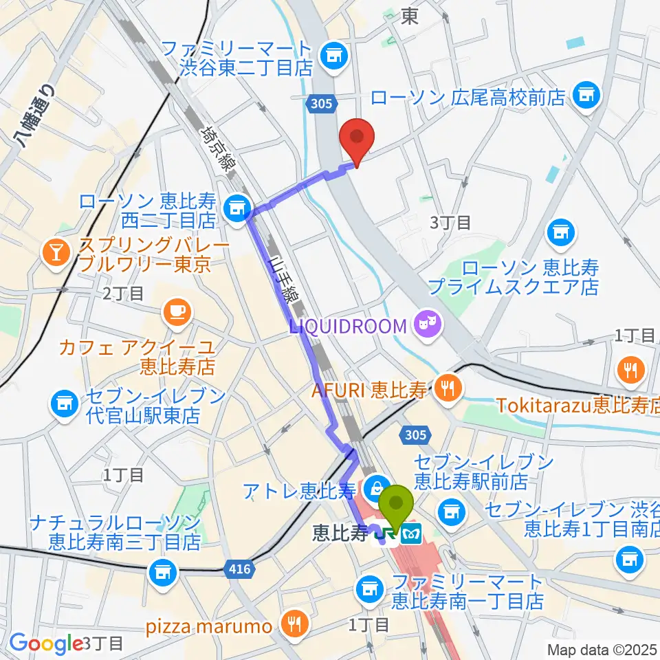 恵比寿クレアートの最寄駅恵比寿駅からの徒歩ルート（約9分）地図