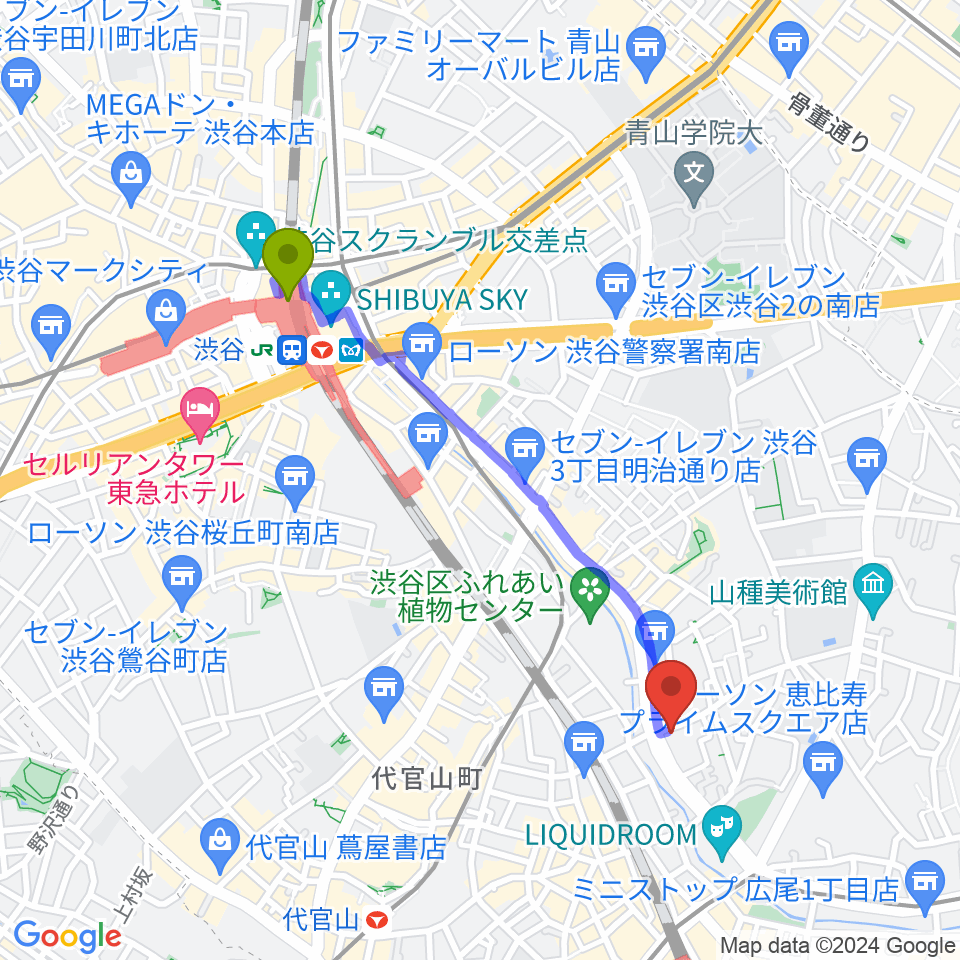 渋谷駅から恵比寿クレアートへのルートマップ地図