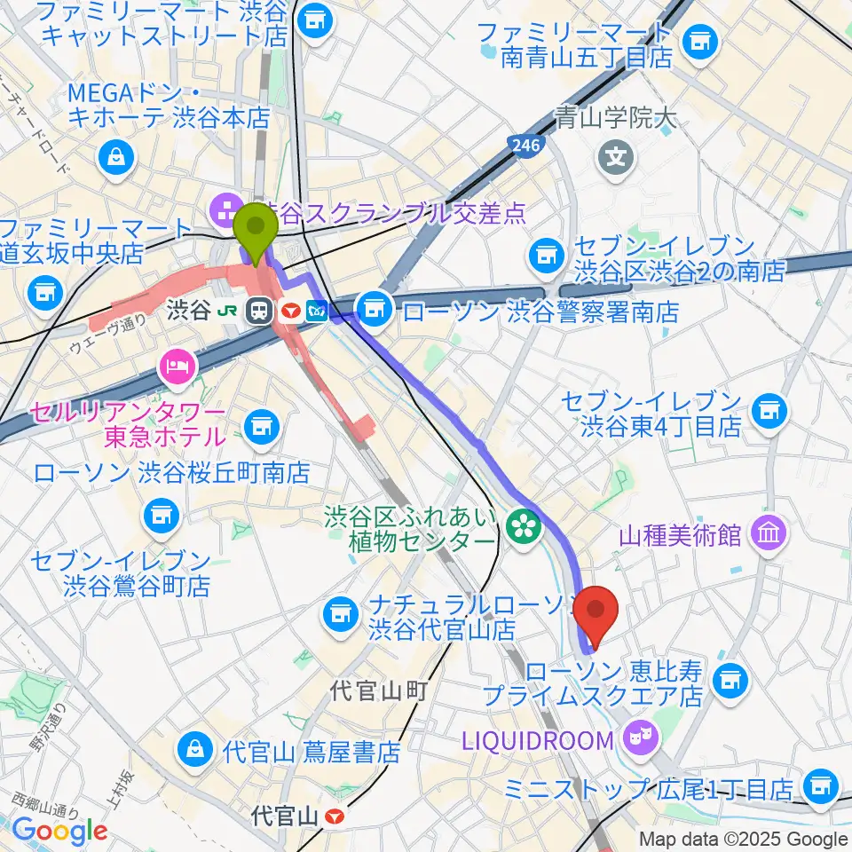 渋谷駅から恵比寿クレアートへのルートマップ地図