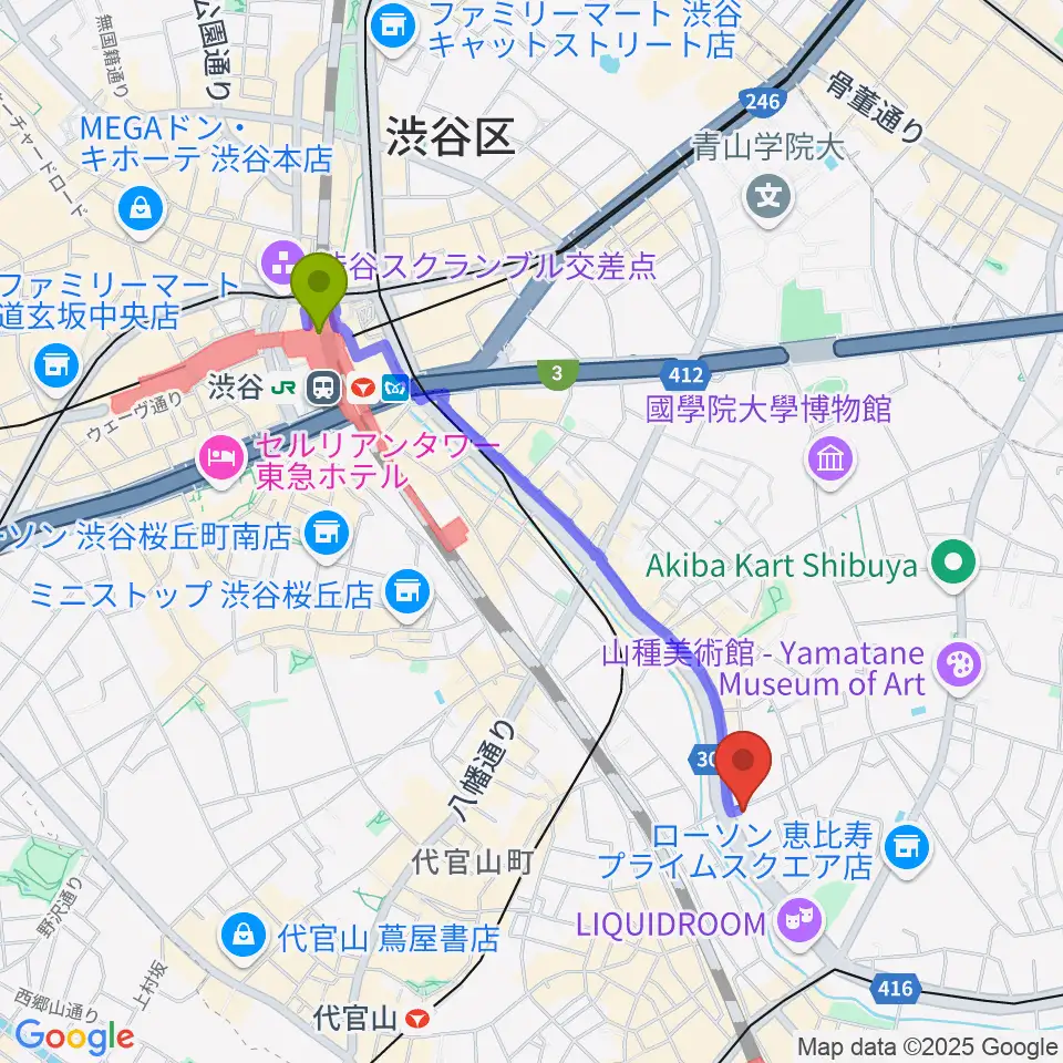 渋谷駅から恵比寿クレアートへのルートマップ地図