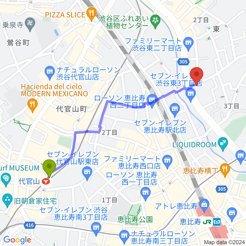 代官山駅から恵比寿クレアートへのルートマップ地図