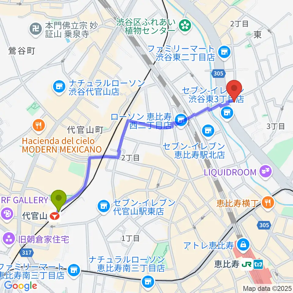 代官山駅から恵比寿クレアートへのルートマップ地図