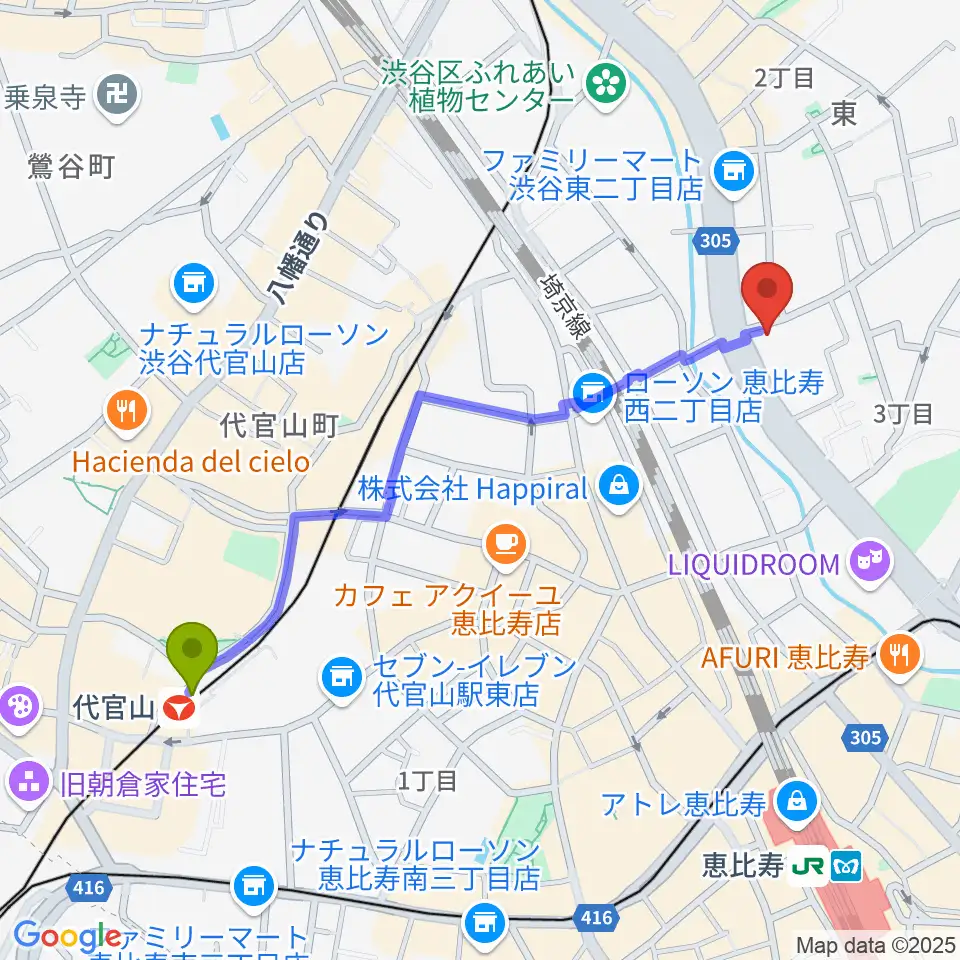 代官山駅から恵比寿クレアートへのルートマップ地図