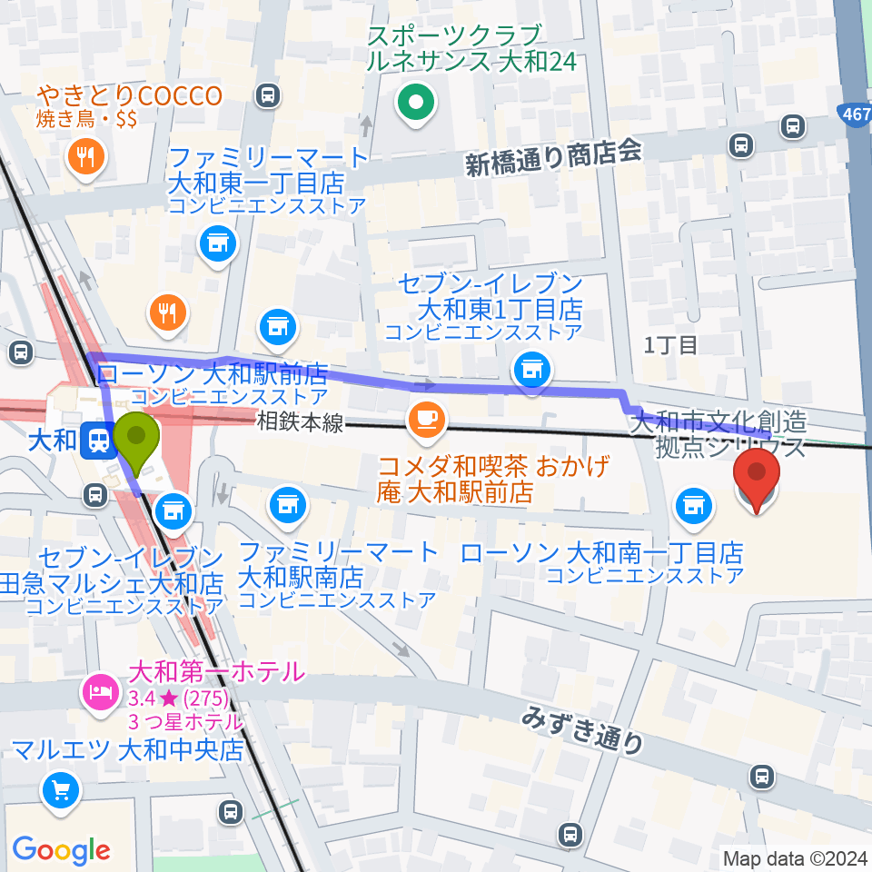 やまと芸術文化ホールの最寄駅大和駅からの徒歩ルート（約6分）地図