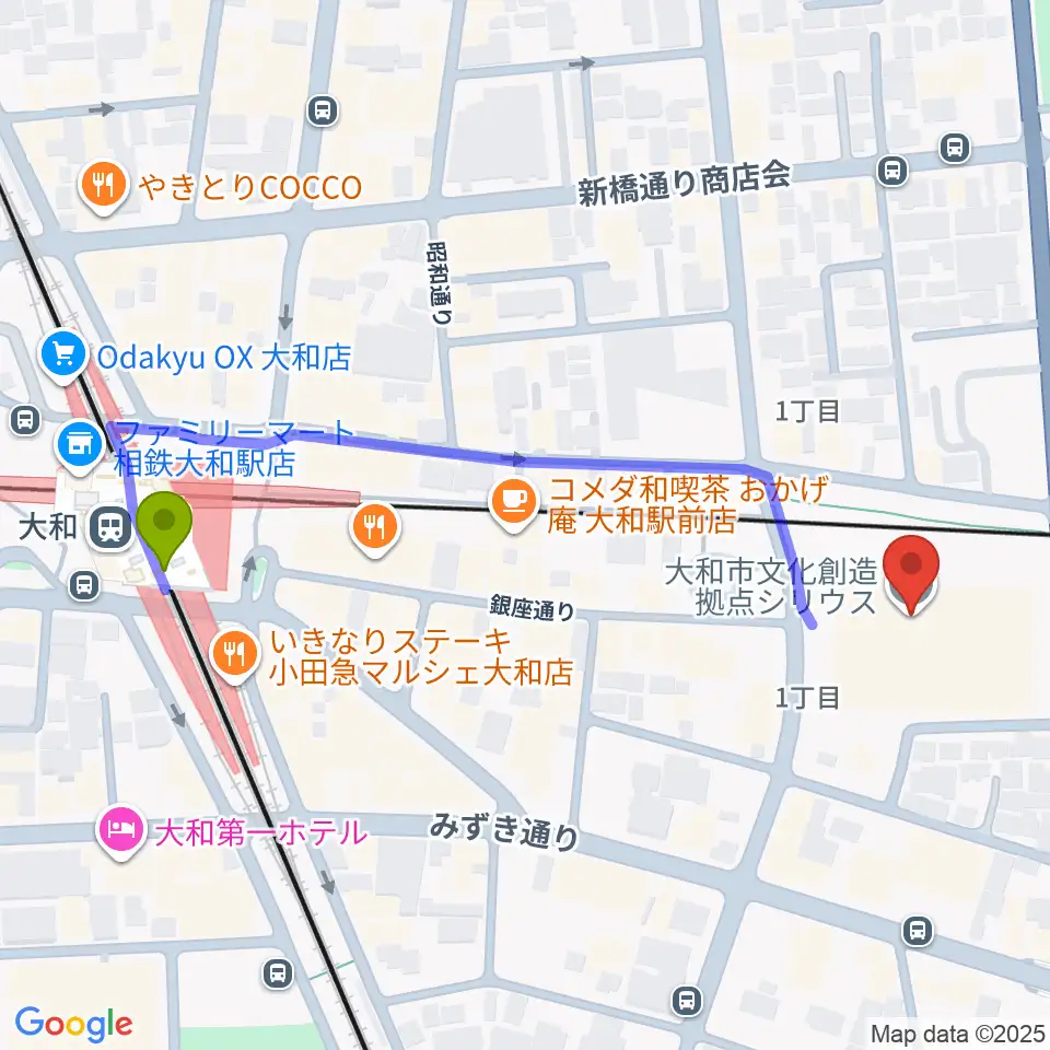 やまと芸術文化ホールの最寄駅大和駅からの徒歩ルート（約6分）地図