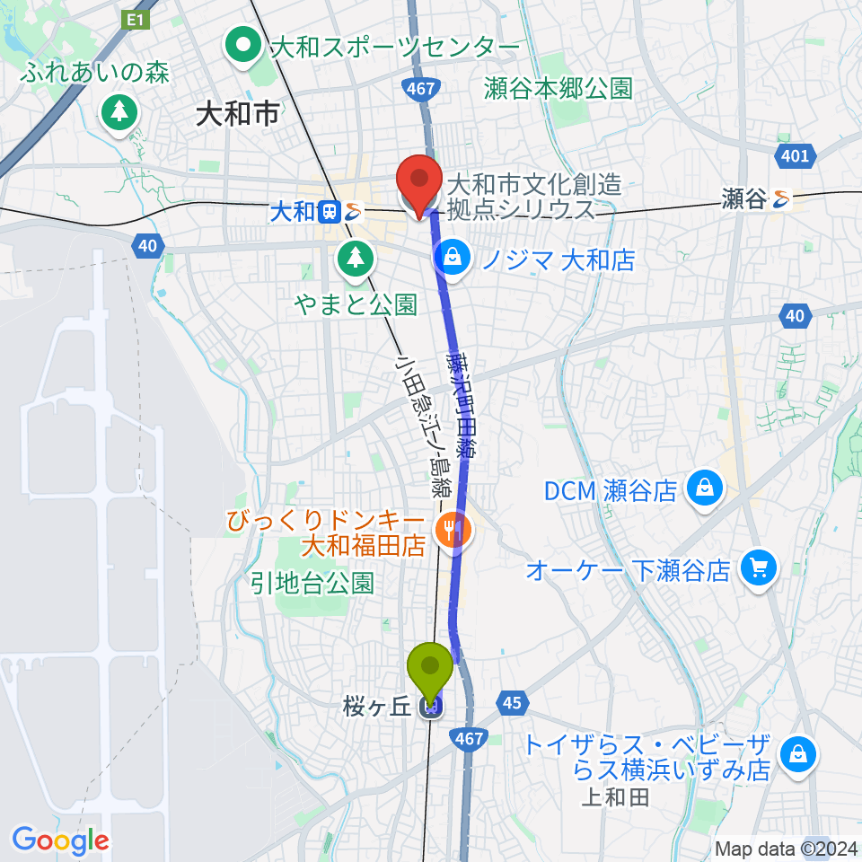 桜ヶ丘駅からやまと芸術文化ホールへのルートマップ地図