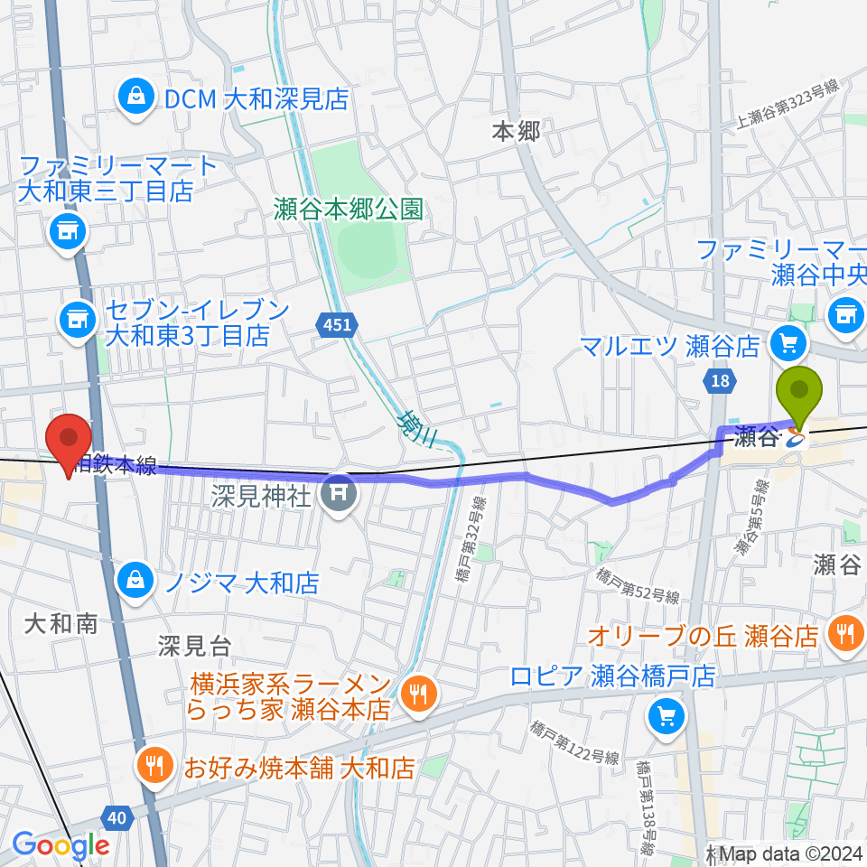 瀬谷駅からやまと芸術文化ホールへのルートマップ地図